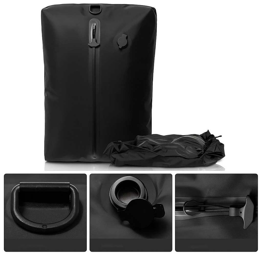 Black backpack with multiple views on a white background
