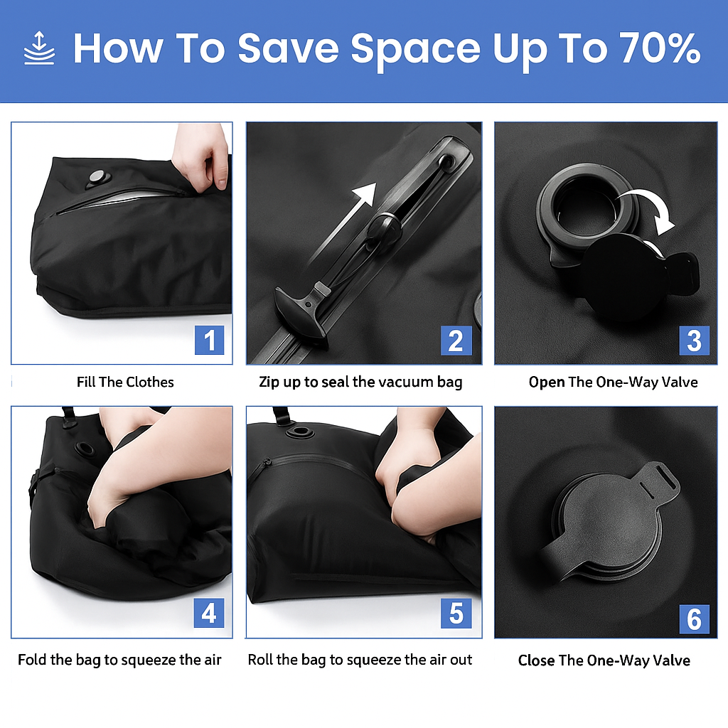 Step-by-step guide on how to use a vacuum compression bag with images and text.