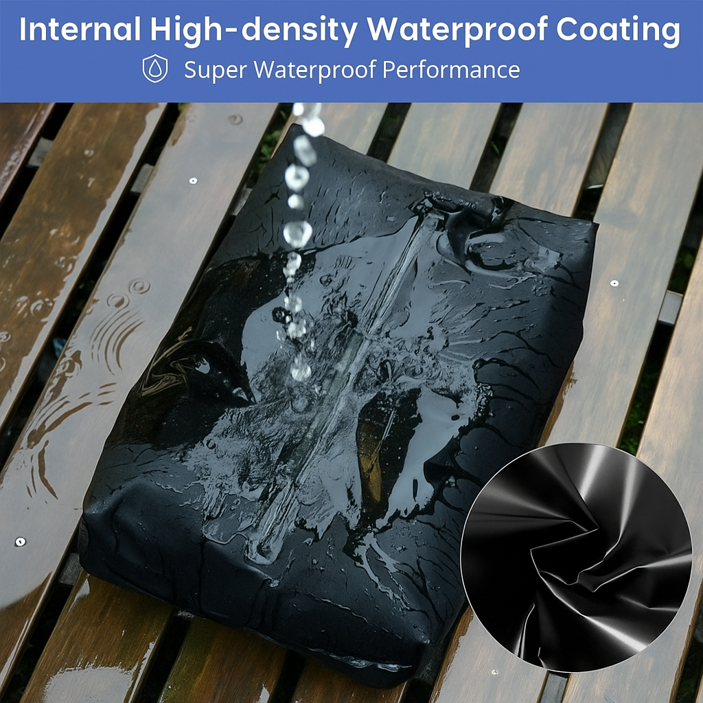 Black waterproof coating being tested on a wooden surface with water droplets.