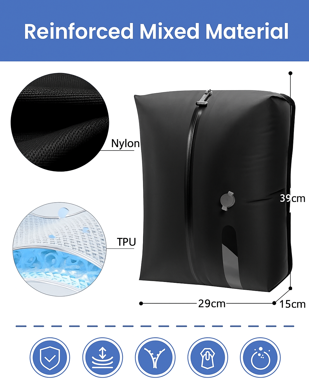 Black reinforced mixed material bag with measurements and material details on a white background