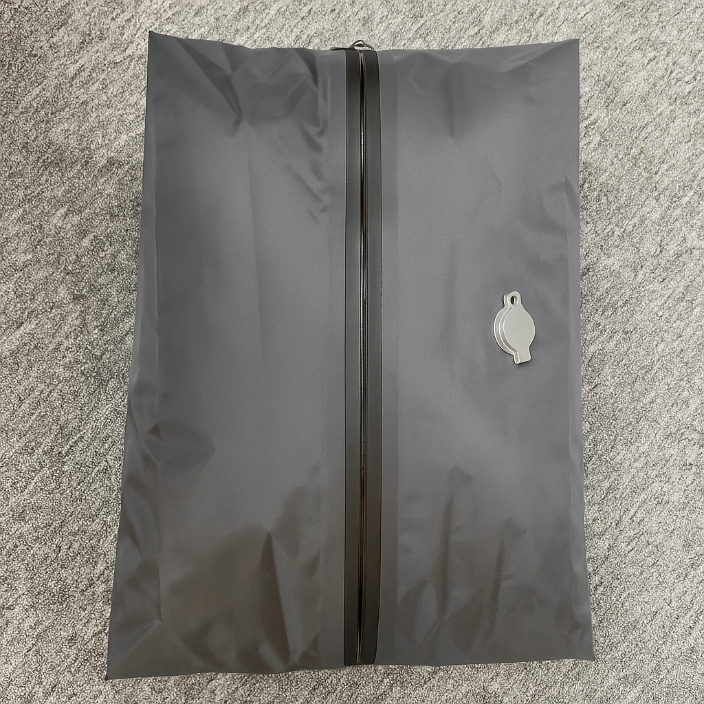 Gray zippered pouch with a small white tag on a textured gray surface