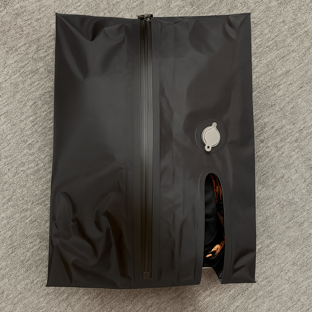 Black garment bag with a zipper on a gray textured background
