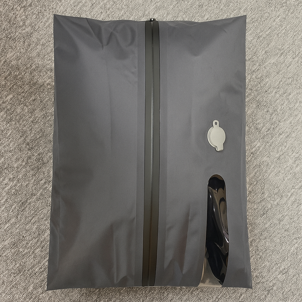 Gray garment bag with a zipper on a textured surface