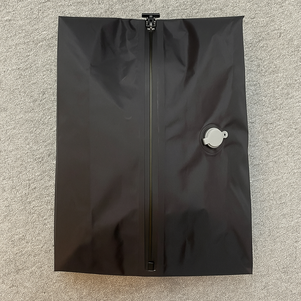 Black inflatable bag with a zipper on a gray surface