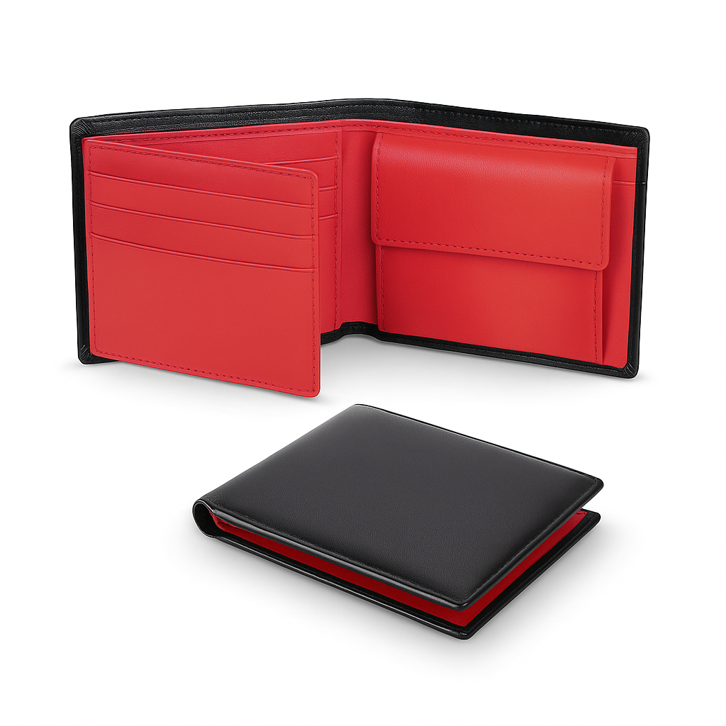 Red and black leather wallet on a white background