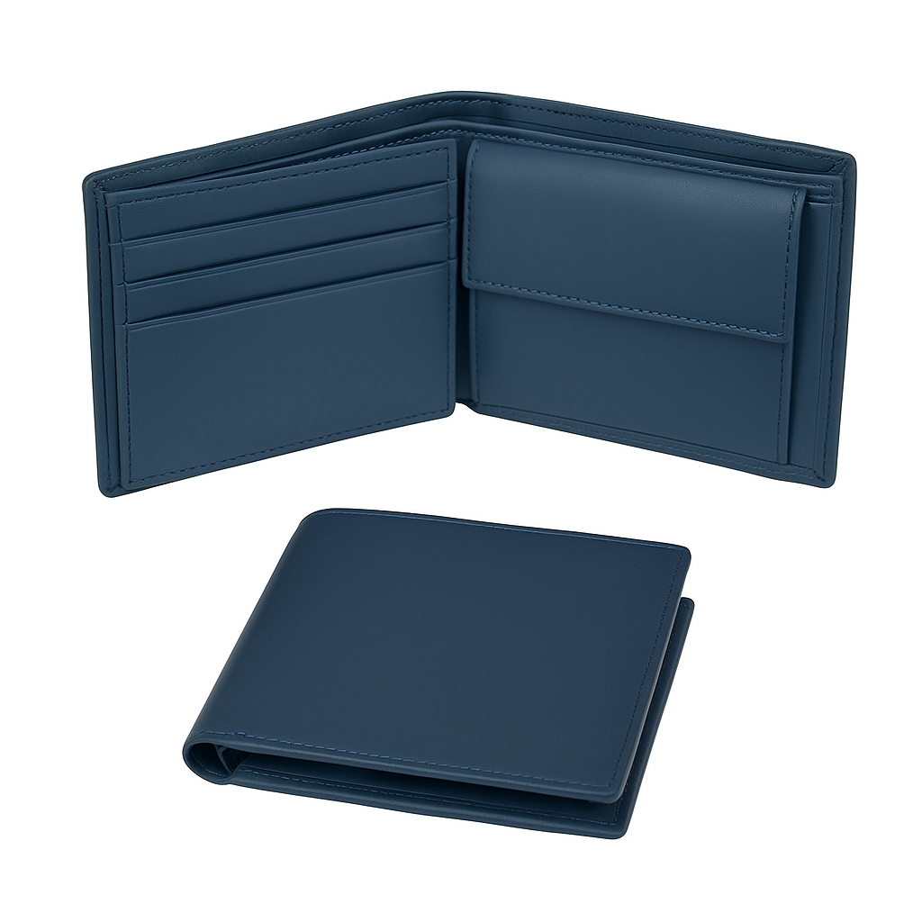Blue leather wallet open and closed on a white background