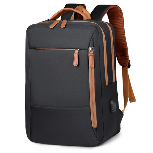 Black backpack with brown accents on a white background