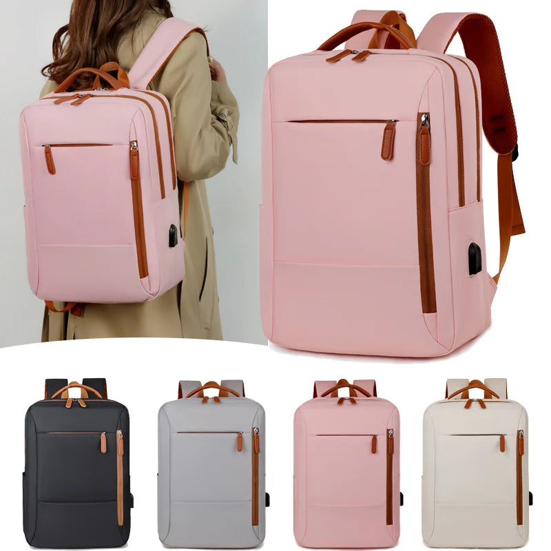 Pink backpack with brown straps shown from different angles on a white background.