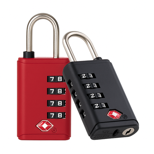 Red and black combination locks on a white background