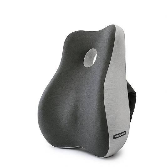 Gray and black ergonomic seat cushion on a white background
