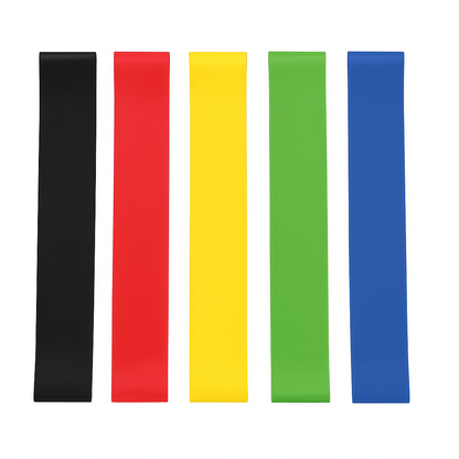 Set of five colorful resistance bands in black, red, yellow, green, and blue on a white background.