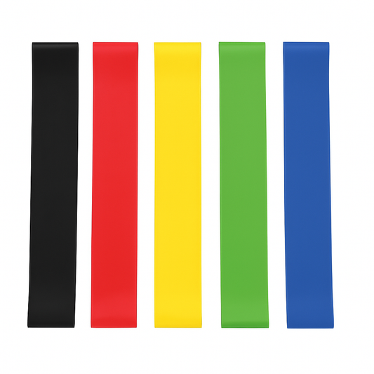 Set of five colorful resistance bands in black, red, yellow, green, and blue on a white background.