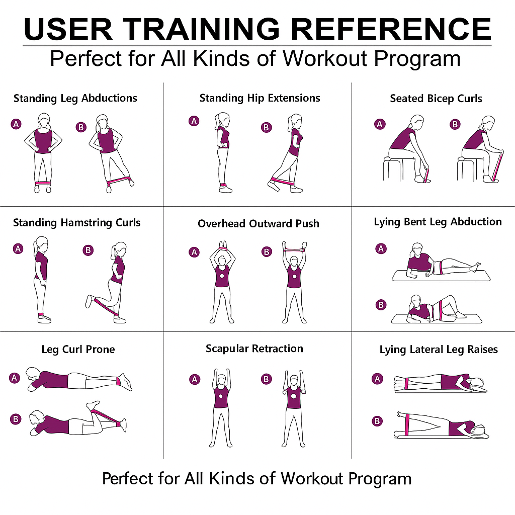 Illustrations of various workout exercises with labeled steps for user training reference.