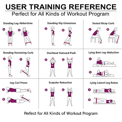 Illustrations of various workout exercises with labeled steps for user training reference.
