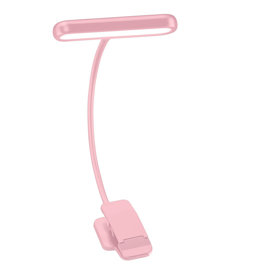 Pink LED reading lamp with flexible neck on a white background