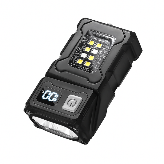 Black flashlight with digital display on a white background