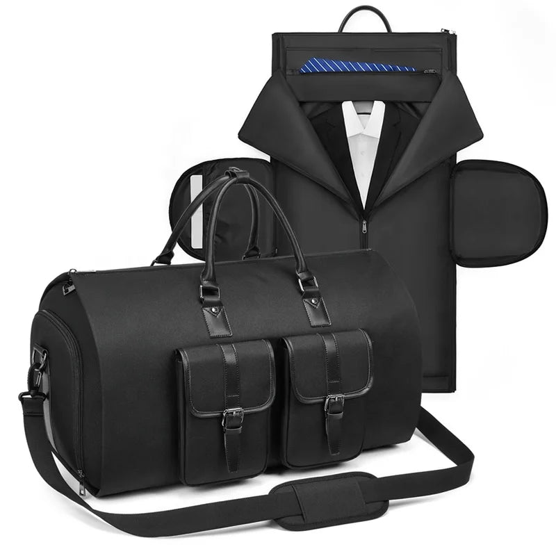 Black travel bag with a jacket and pants on a white background