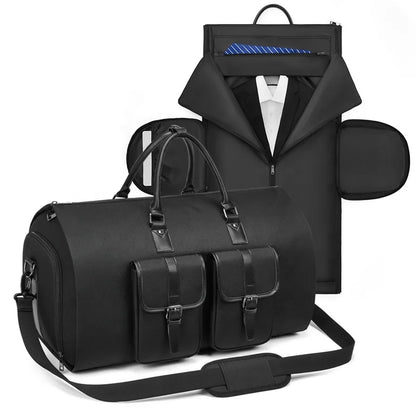 Black travel bag with a jacket and pants on a white background