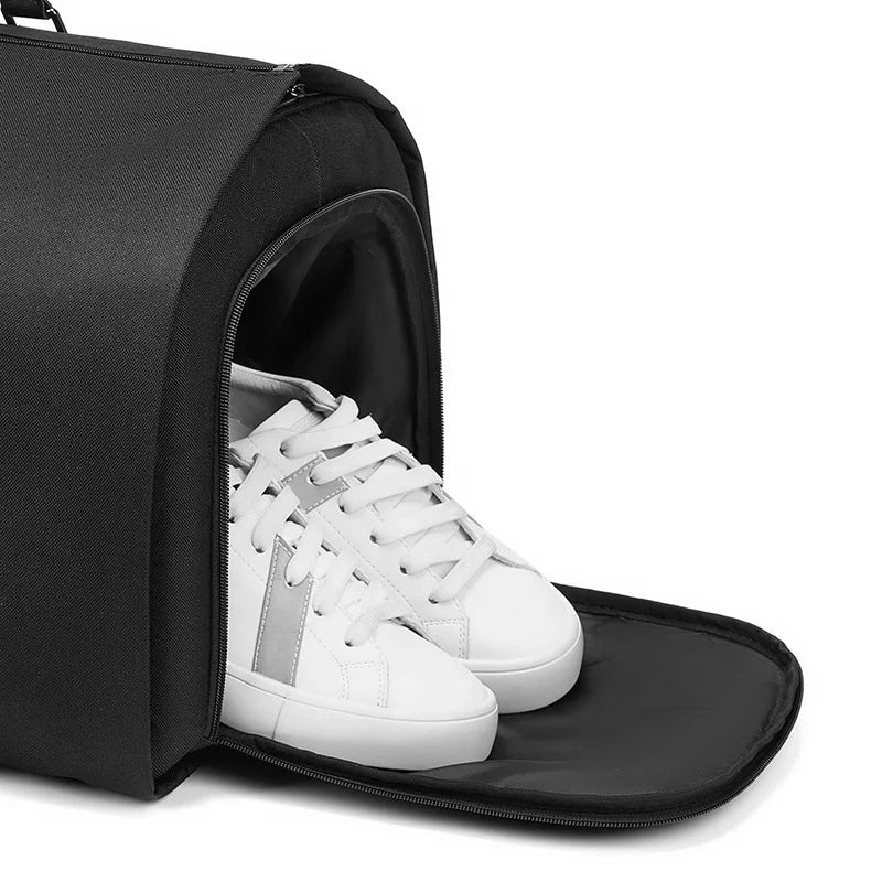 Black backpack with a white sneaker inside on a white background