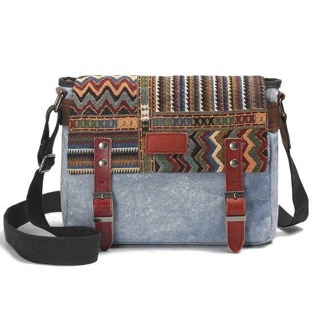 Multicolored patterned bag with denim-like base on a white background