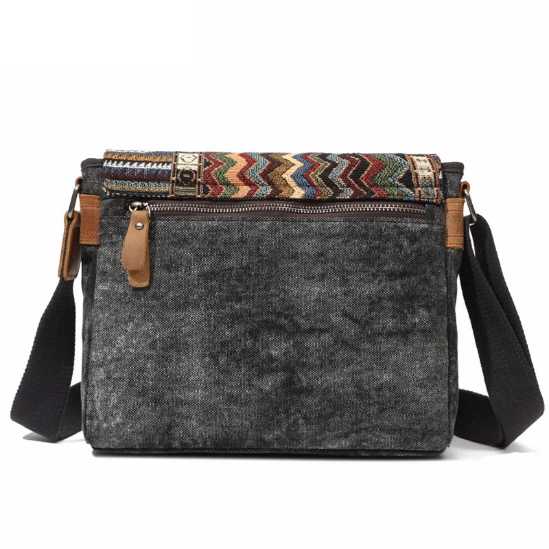 Gray shoulder bag with a colorful patterned top section on a white background