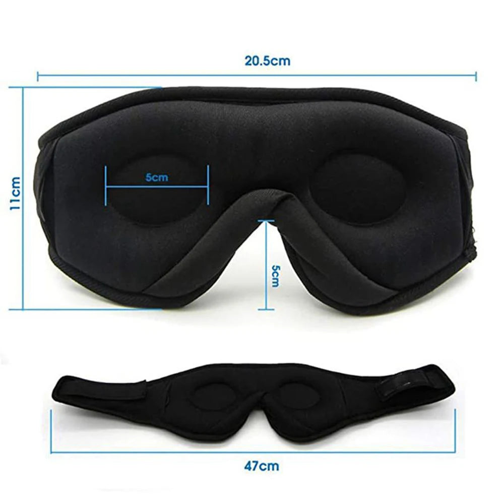 Black sleep mask with measurements on a white background