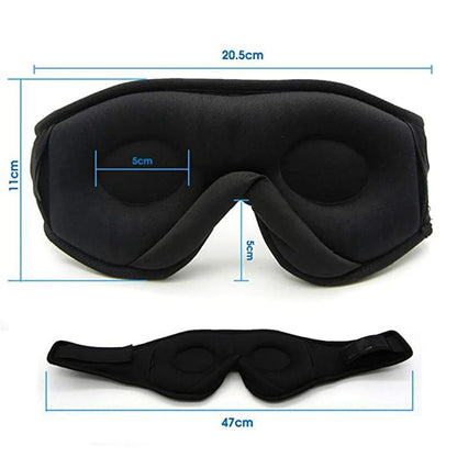 Black sleep mask with measurements on a white background