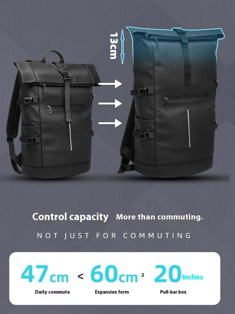 Two black backpacks with measurement details on a gray background