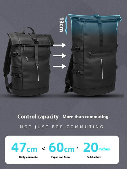 Two black backpacks with measurement details on a gray background