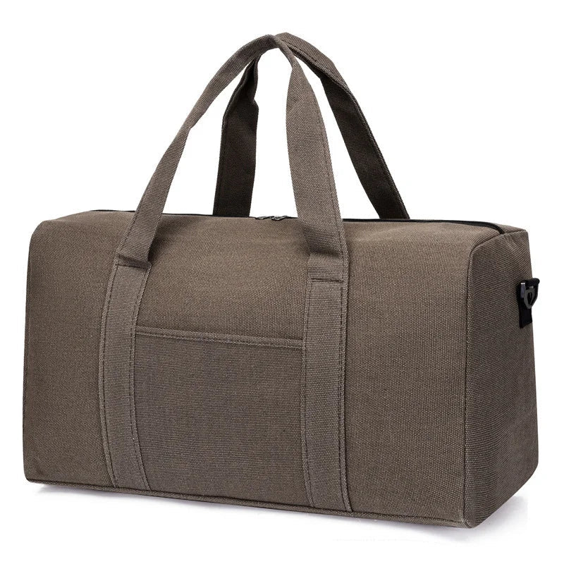 Brown duffel bag with handles on a white background