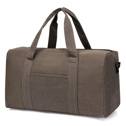 Brown duffel bag with handles on a white background