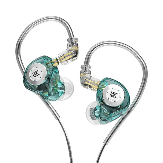 Teal in-ear headphones with clear casings on a white background