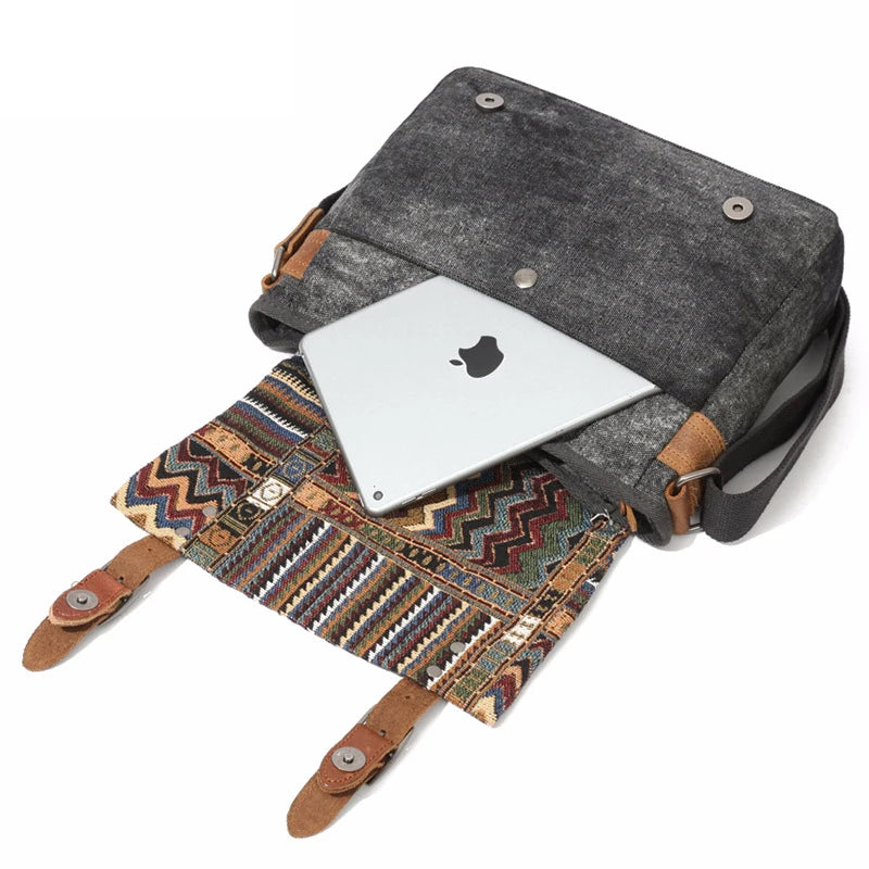 Gray backpack with a colorful patterned front pocket and an Apple laptop inside on a white background