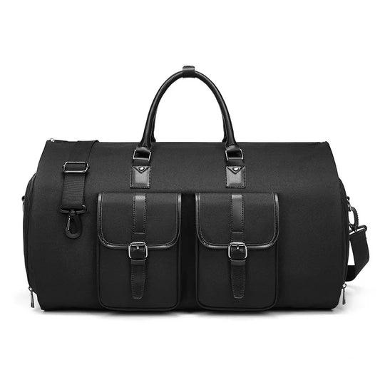 Black duffel bag with leather accents on a white background