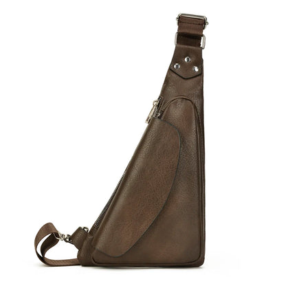 Brown leather sling bag on a white background