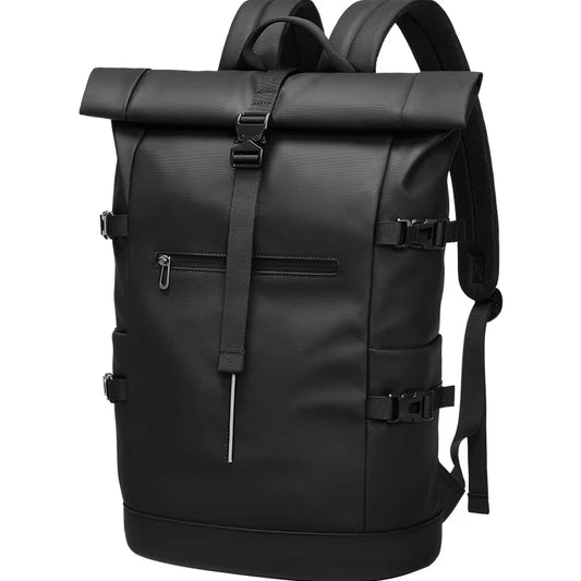 Black backpack with roll-top design on a white background