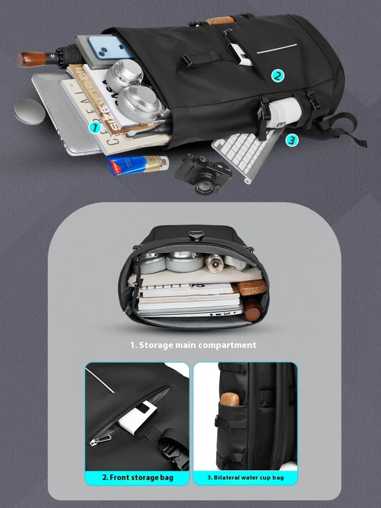 Black backpack with compartments and items displayed on a gray background