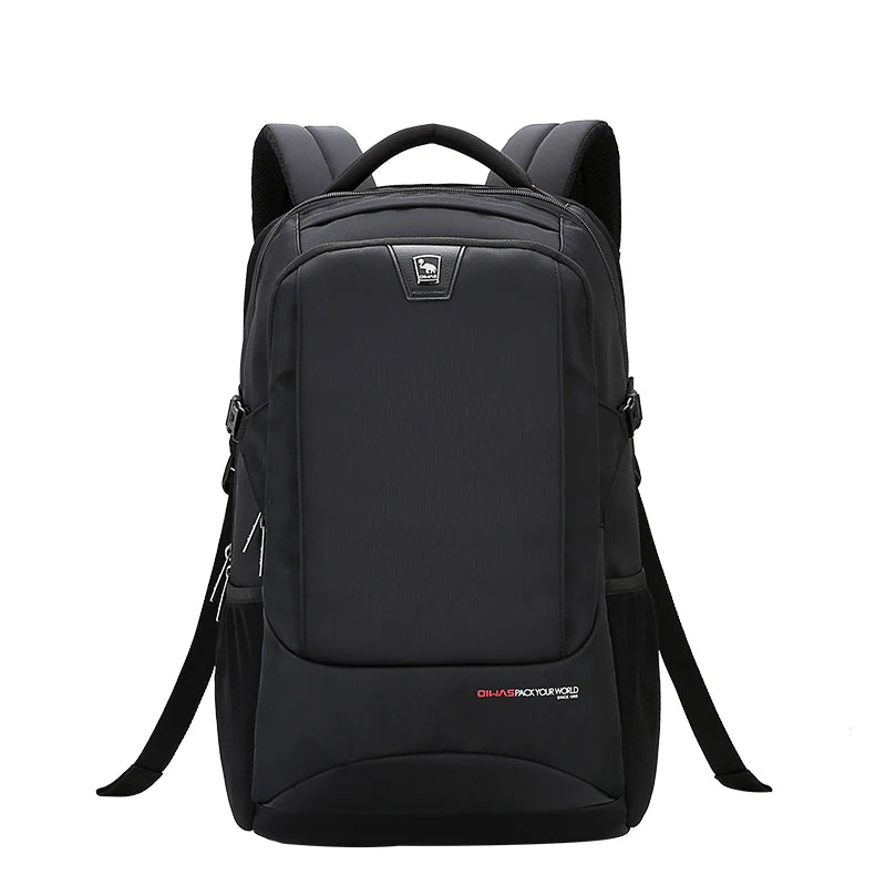 Black backpack with brand logo on a white background