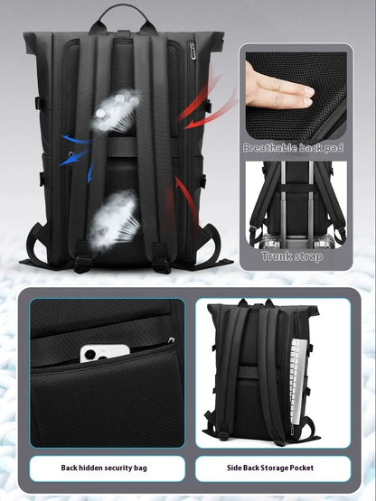 Black backpack with features highlighted on a gray background
