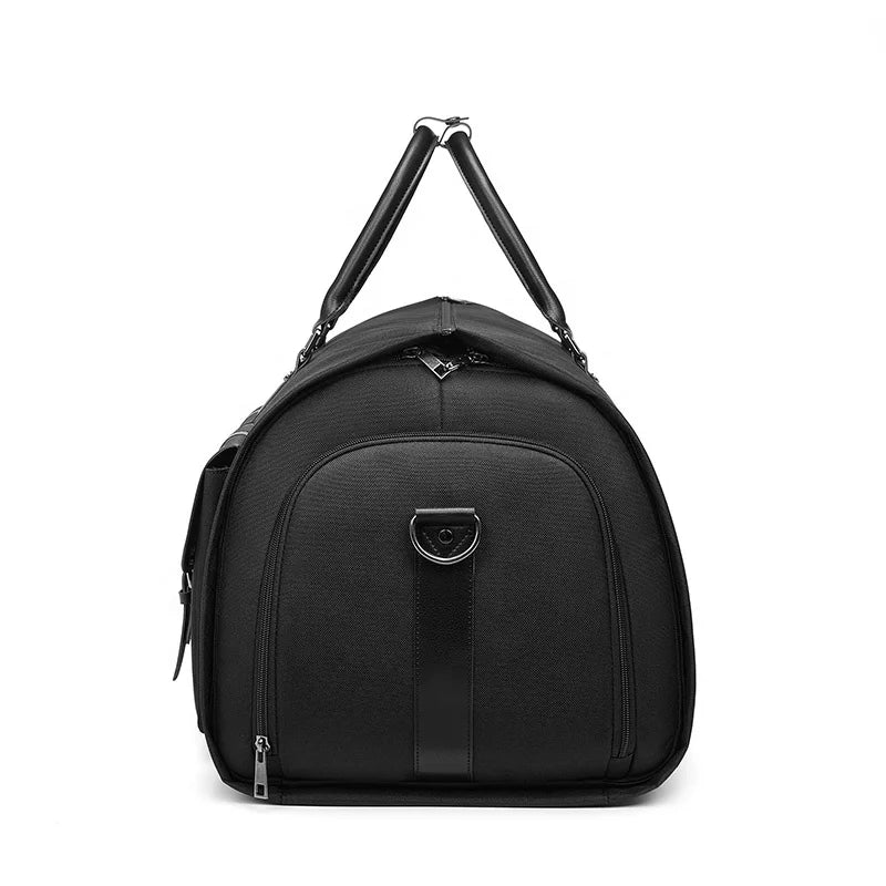 Black duffel bag with shoulder straps on a white background