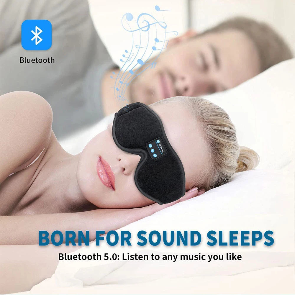 Sleep mask with Bluetooth 5.0 feature on a person lying down, with text 'Born for Sound Sleeps'.