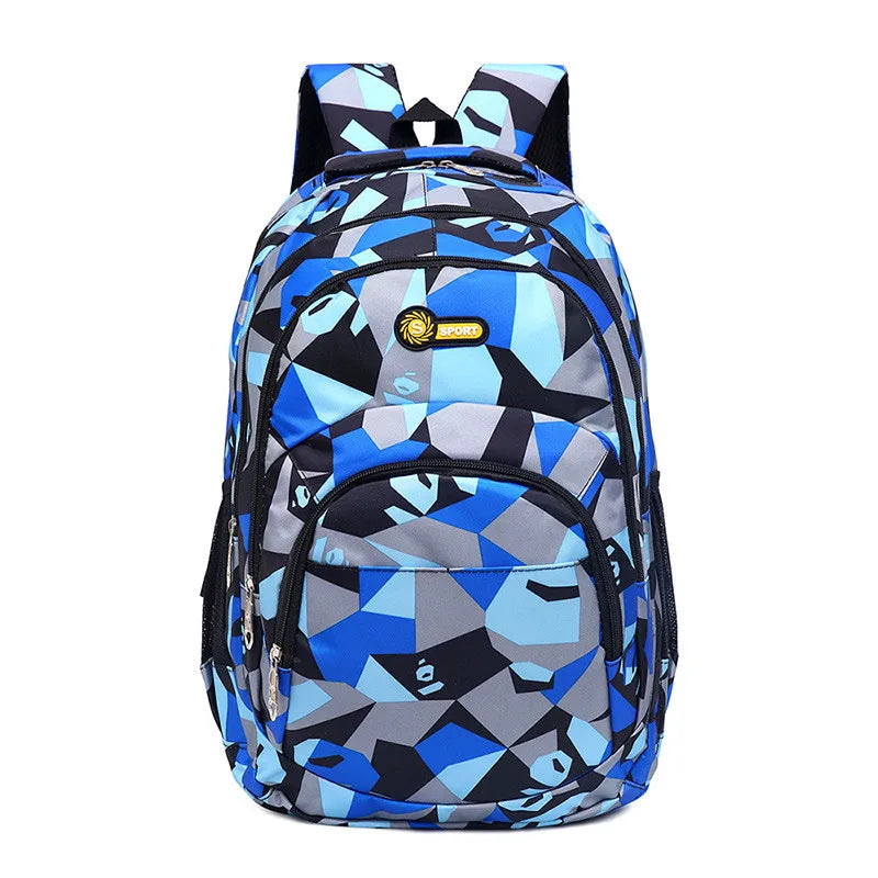Backpack with blue and gray geometric pattern on a white background