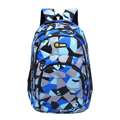 Backpack with blue and gray geometric pattern on a white background