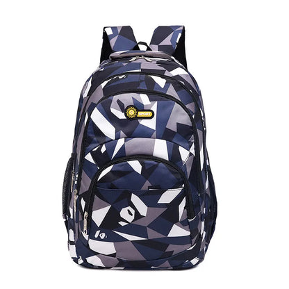 Geometric patterned backpack on a white background