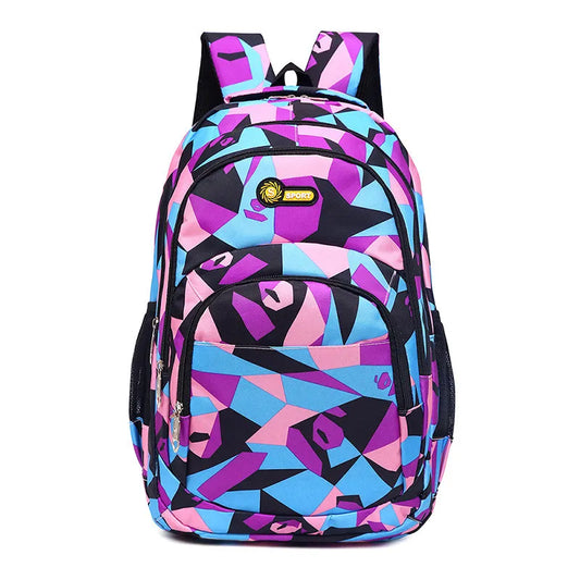 Colorful geometric-patterned backpack on a white background