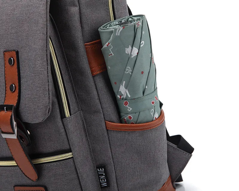 Gray backpack with a patterned pouch on a white background