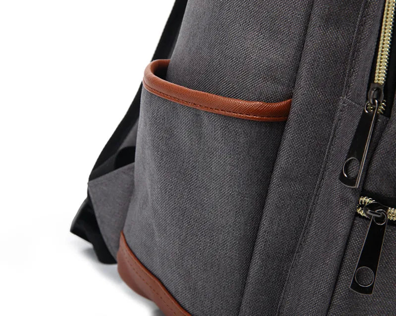 Gray backpack with brown leather accents on a white background