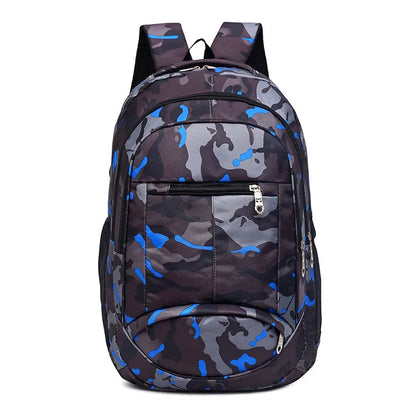 Camouflage-patterned backpack with blue accents on a white background