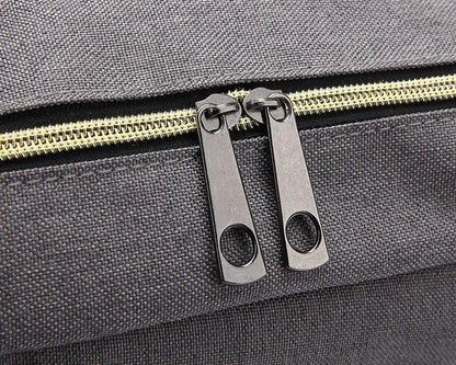 Close-up of a zipper on a gray bag with gold zipper pull.
