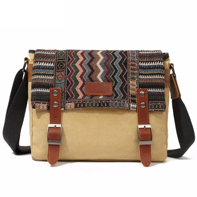 Beige bag with patterned flap and brown straps on a white background